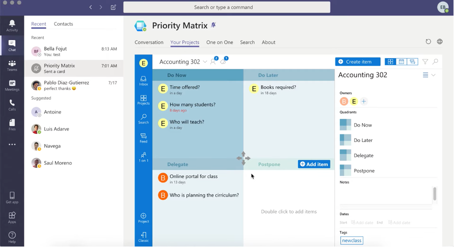 priority matrix integrated in microsoft teams